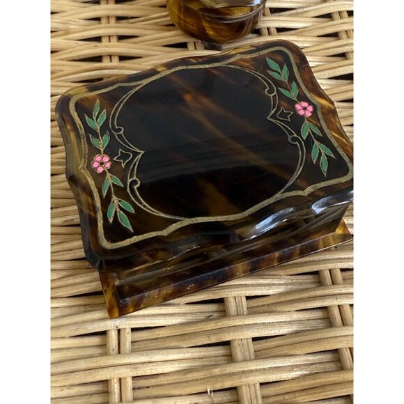 Antique 20's Faux Tortoise Carved Celluloid Painted Flowers Vanity set - Picture 8 of 15